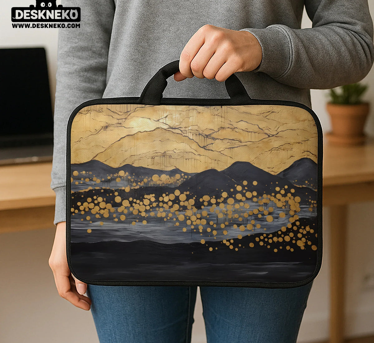 Gold Japandi Laptop Bag with Shoulder Strap - Deskneko