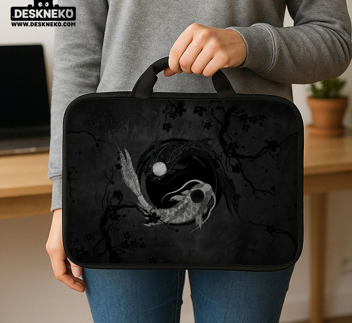 Dark Koi Yin Yang Laptop Sleeve & Bag, Japanese Ink Case - Deskneko