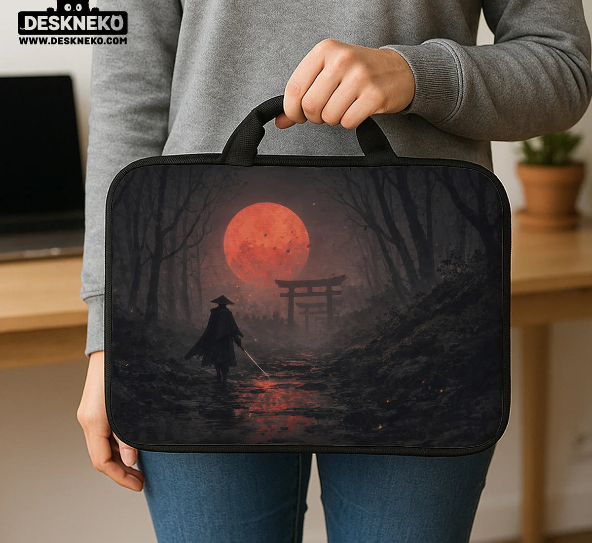 Samurai Red Moon Laptop Sleeve & Bag with Handle and Shoulder Strap - Deskneko