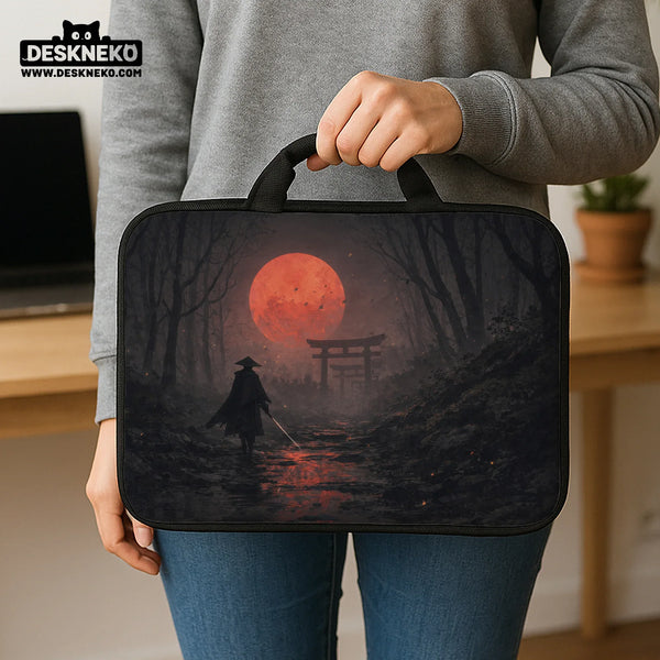 Samurai Red Moon Laptop Sleeve & Bag with Handle and Shoulder Strap - Deskneko