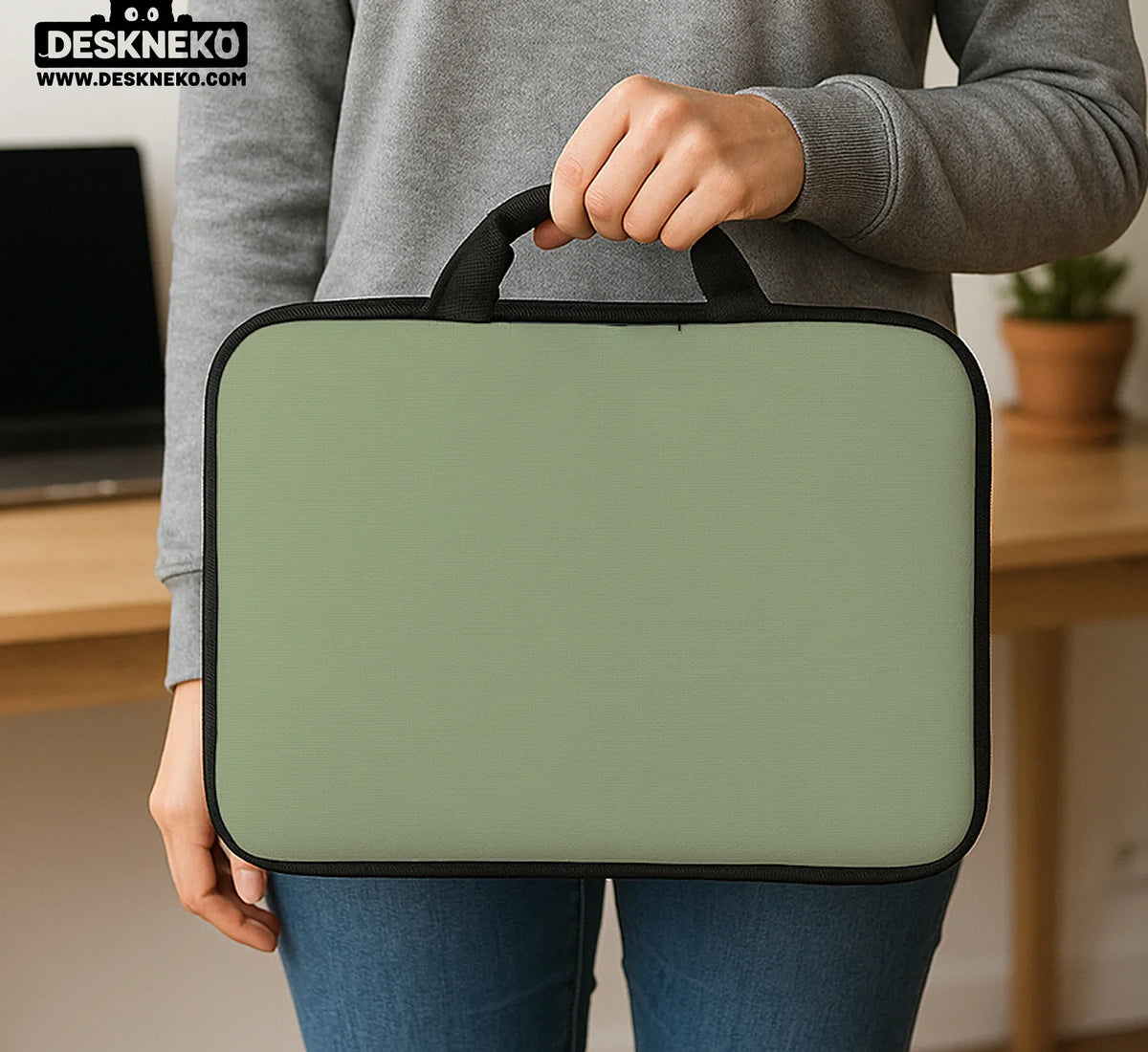 Sage Green Laptop Bag with Shoulder Strap & Handle - Deskneko