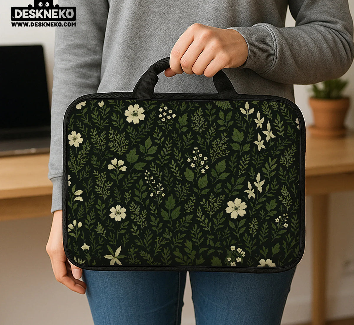 Dark Green Botanical Laptop Sleeve - Deskneko