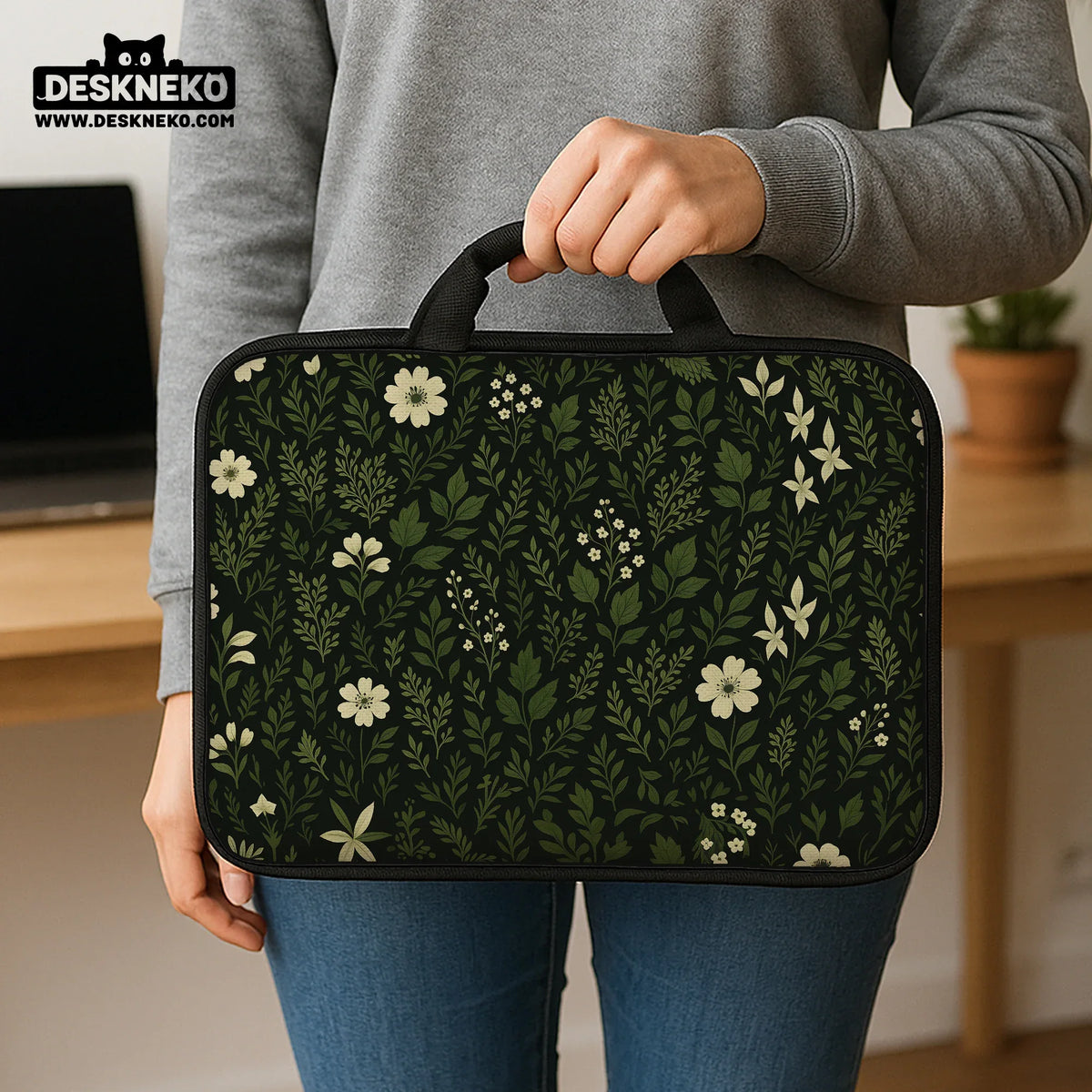 Dark Green Botanical Laptop Sleeve - Deskneko