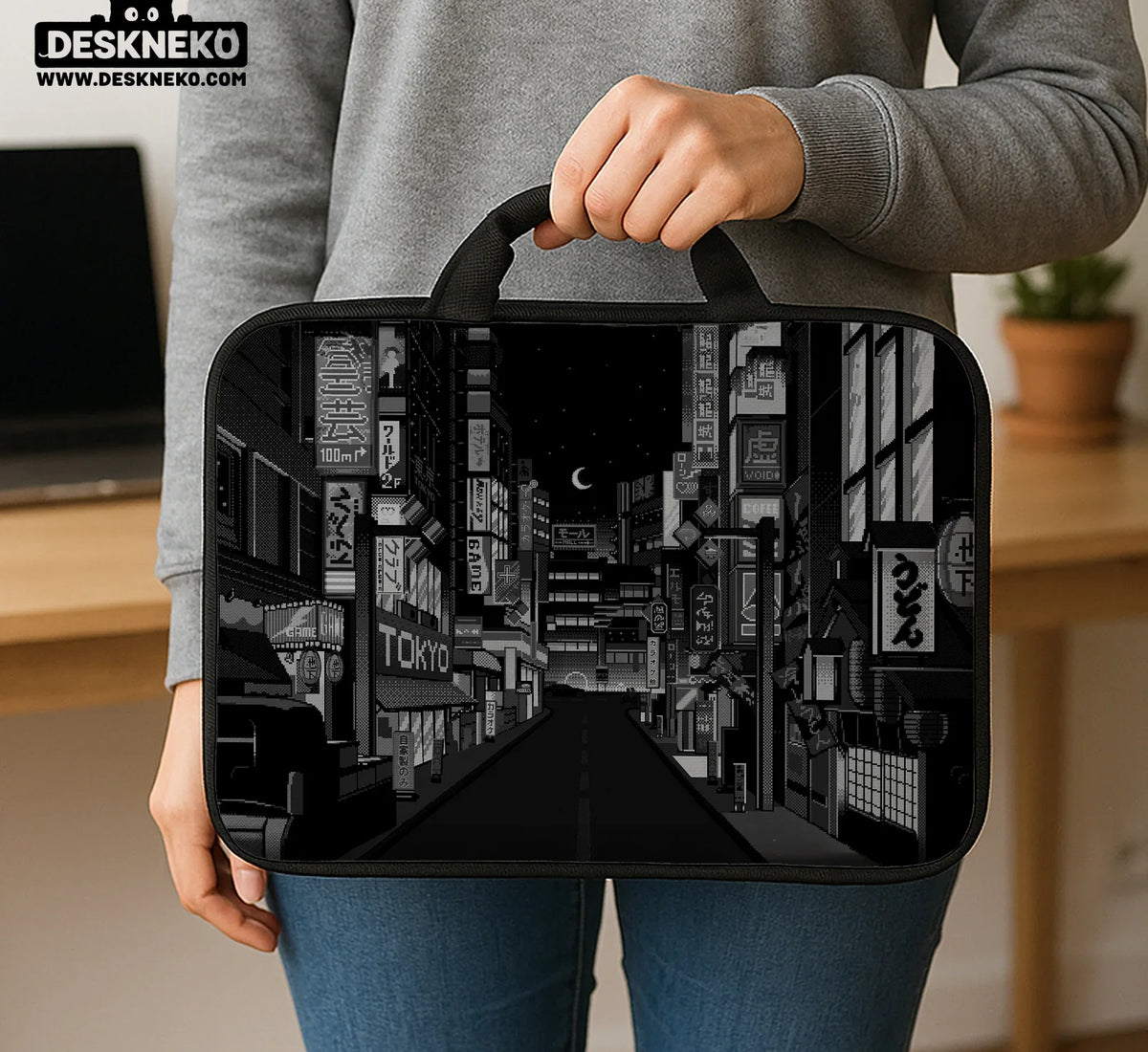 Tokyo Night Pixel Laptop Sleeve & Bag – Monochrome Cyberpunk Case - Deskneko