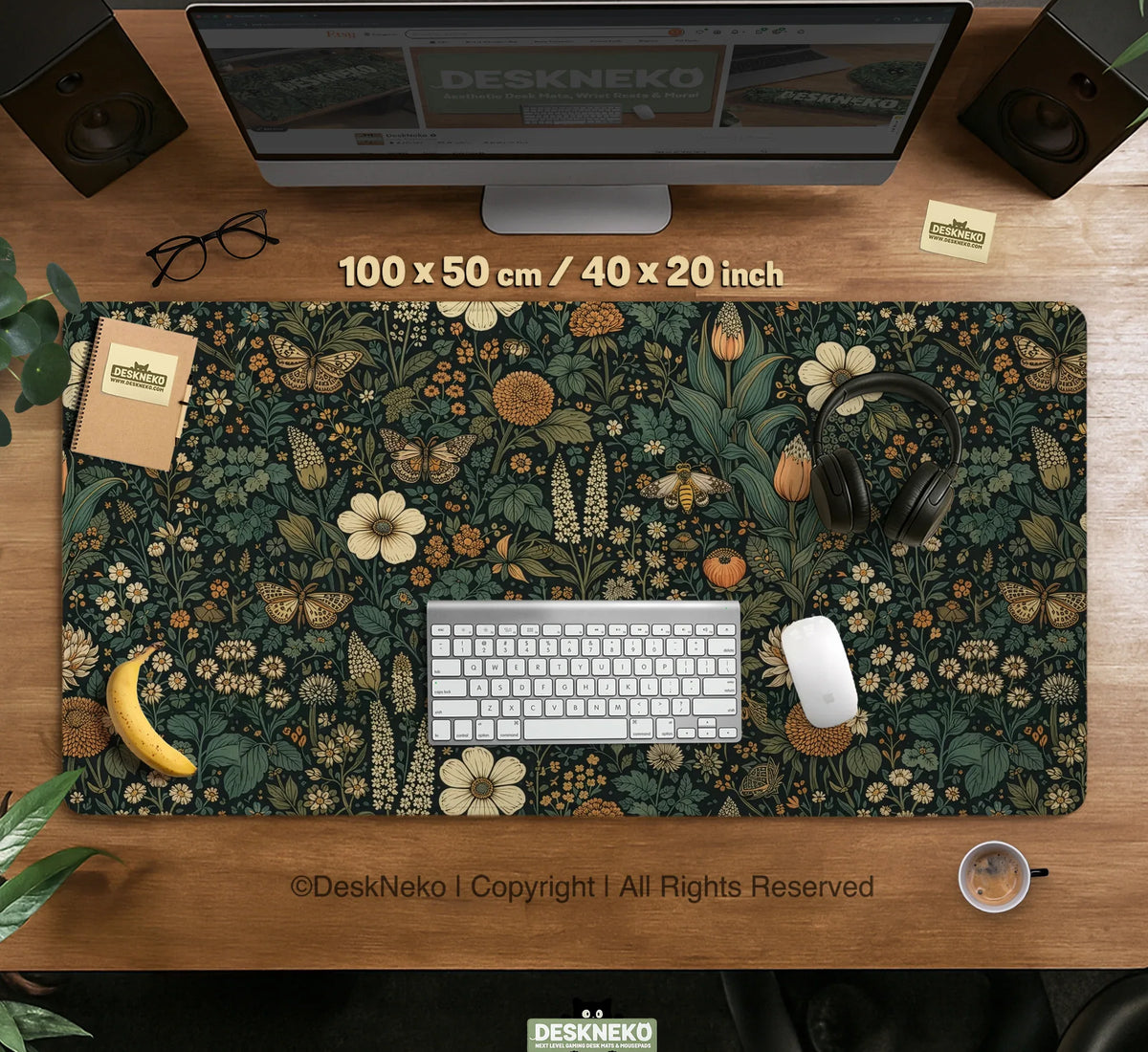 Dark Floral Cottagecore Desk Mat with Botanical Butterflies - Deskneko