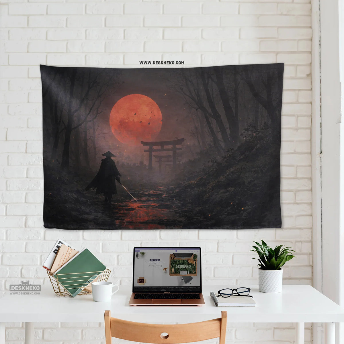 Samurai Red Moon Wall Tapestry Decor - Deskneko