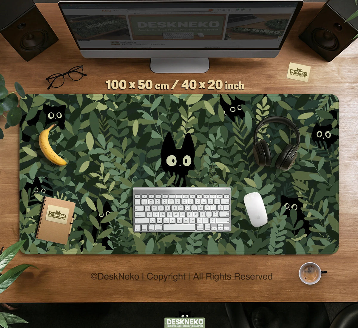 Botanical Cat Desk Mat, Cozy Green Desk Pad for Work and Gaming - Deskneko