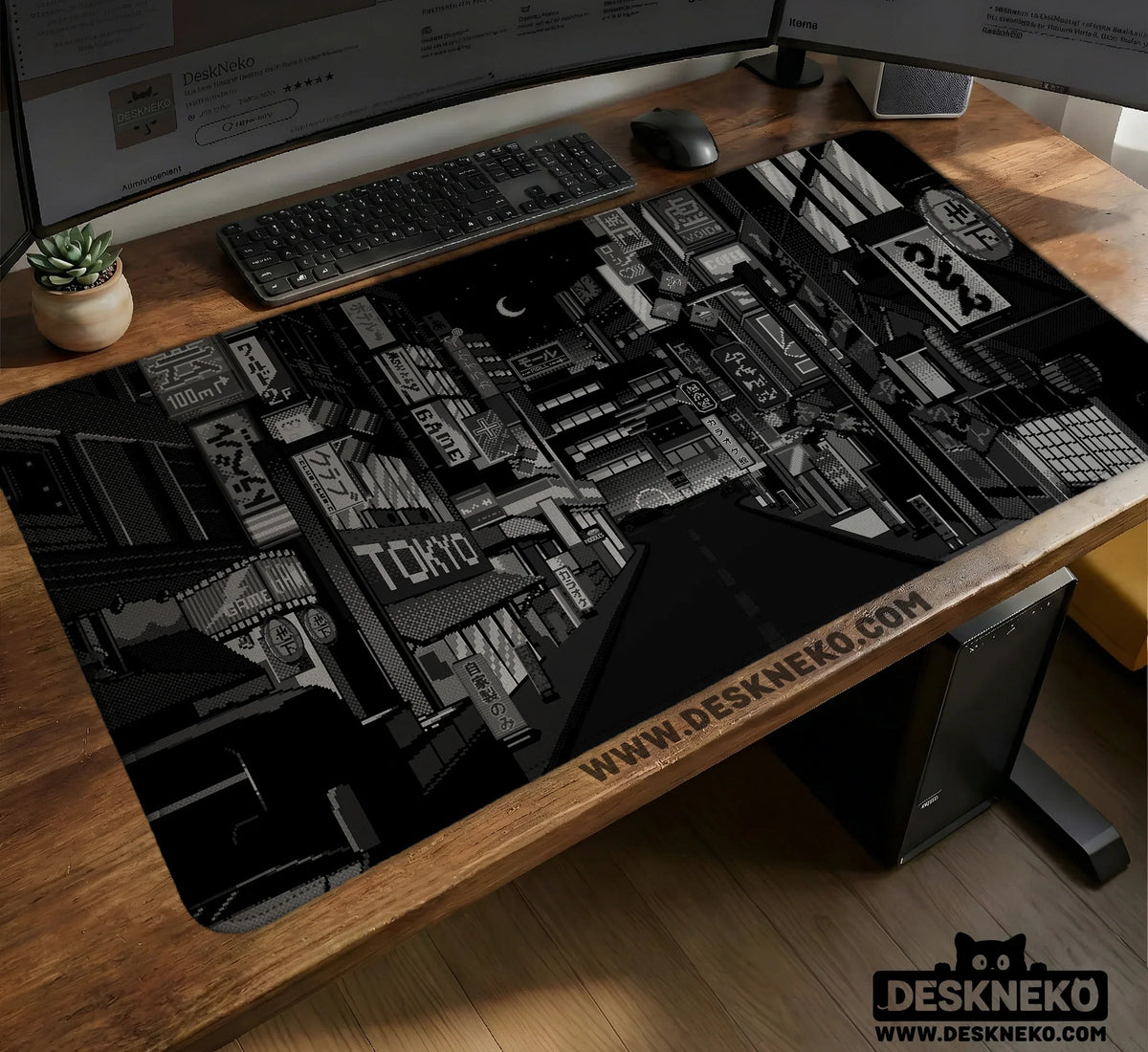 Black White Tokyo Night Desk Mat, Cyberpunk Japanese Street Mousepad - Deskneko