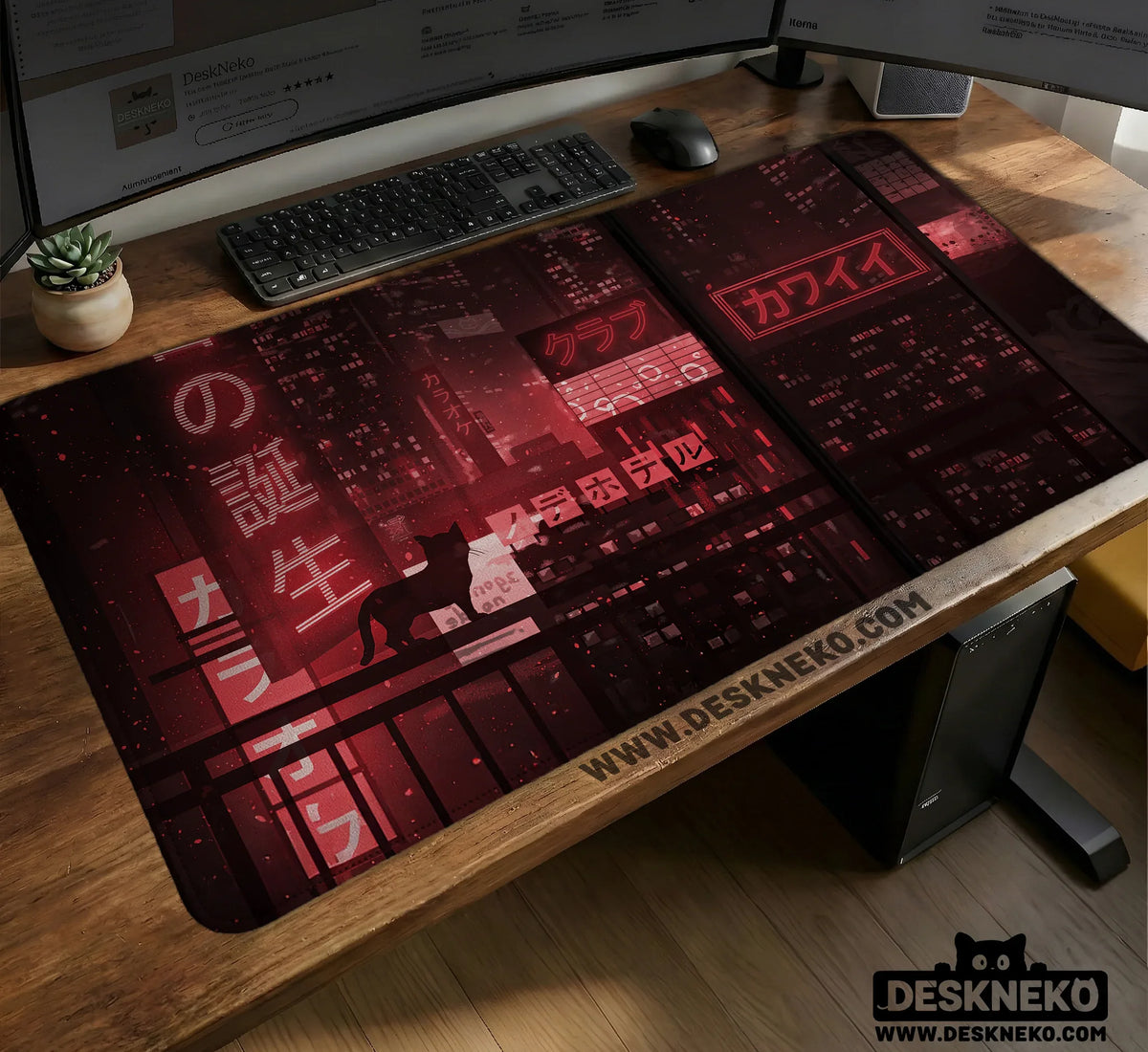 Red Cyberpunk Tokyo Cat Desk Mat - Deskneko