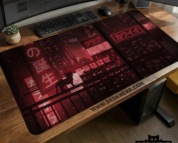 Red Cyberpunk Tokyo Cat Desk Mat - Deskneko