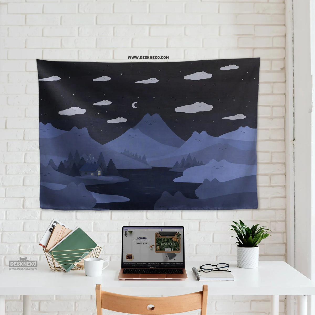 Navy Cat Hills Wall Tapestry Cozy Night Landscape - Deskneko