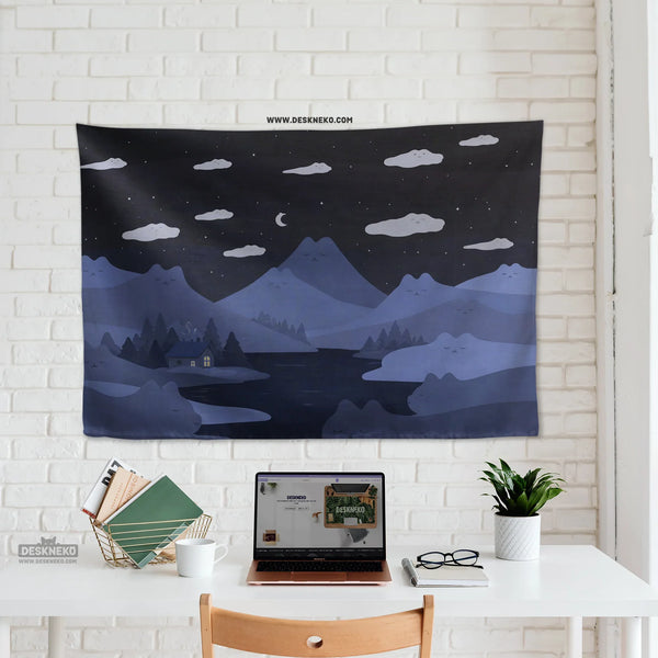 Navy Cat Hills Wall Tapestry Cozy Night Landscape - Deskneko