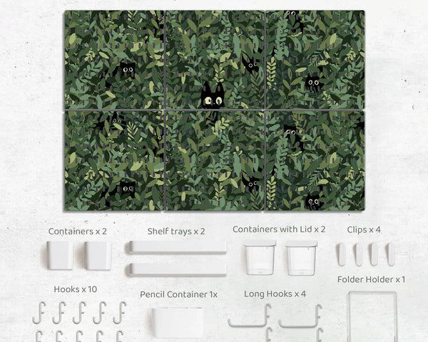 Botanical Cat Desk Pegboard Organizer, Forest Green Workspace Storage - Deskneko