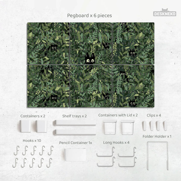 Botanical Cat Desk Pegboard Organizer, Forest Green Workspace Storage - Deskneko
