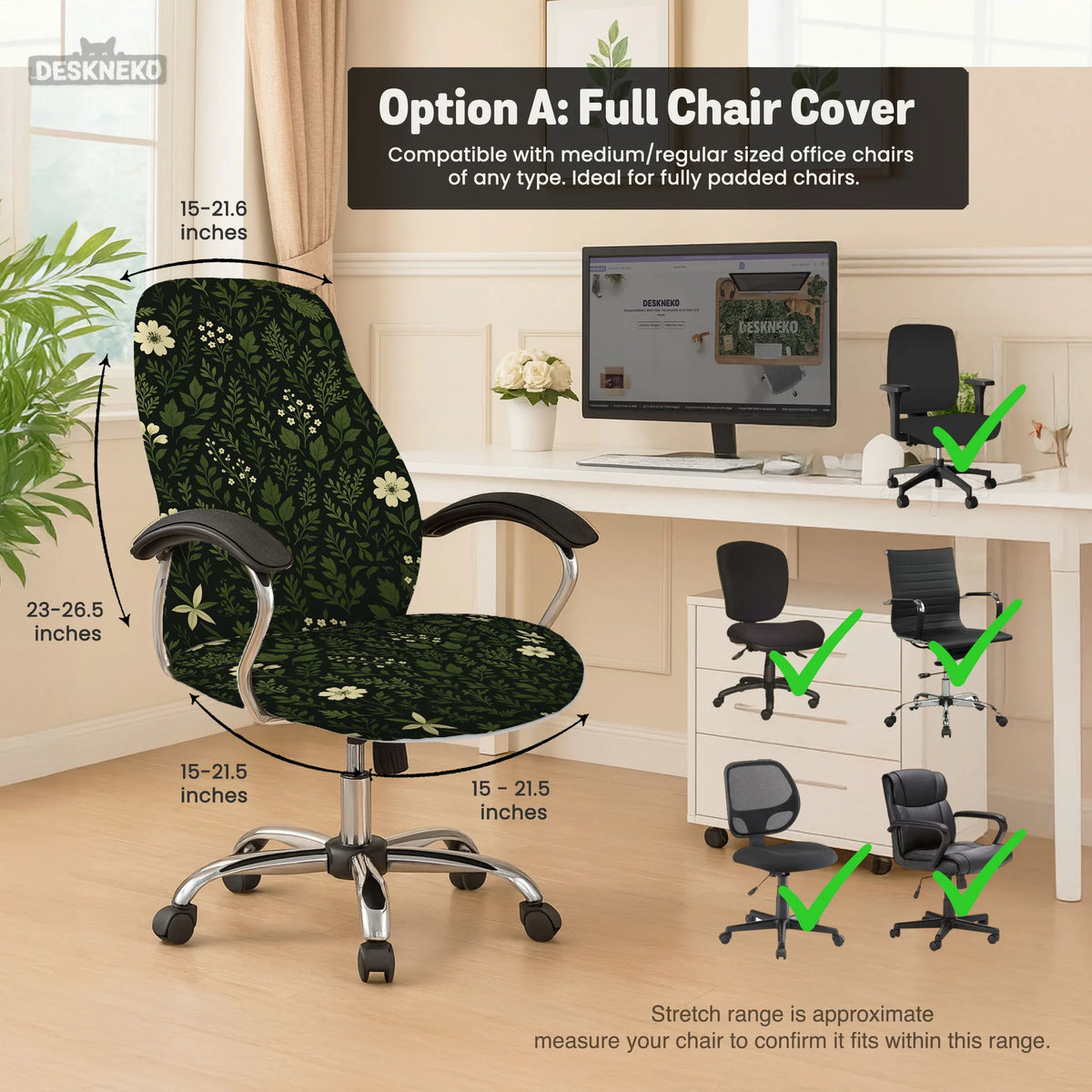 Botanical Office Chair Cover with Dark Green Floral Pattern - Deskneko