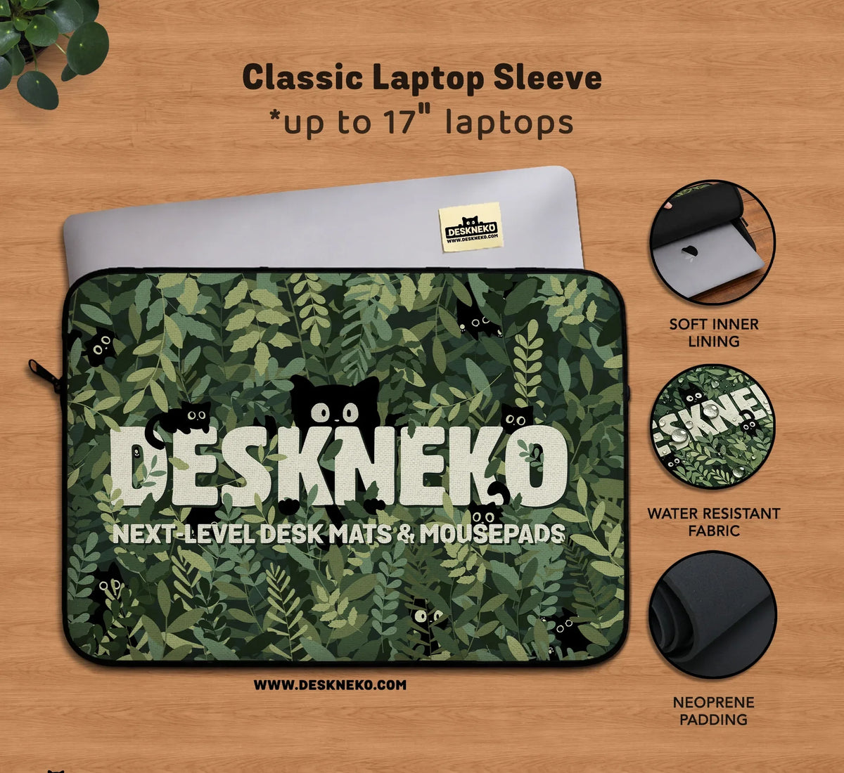 Botanical Cat Laptop Sleeve & Bag, Forest Green Aesthetic Case - Deskneko