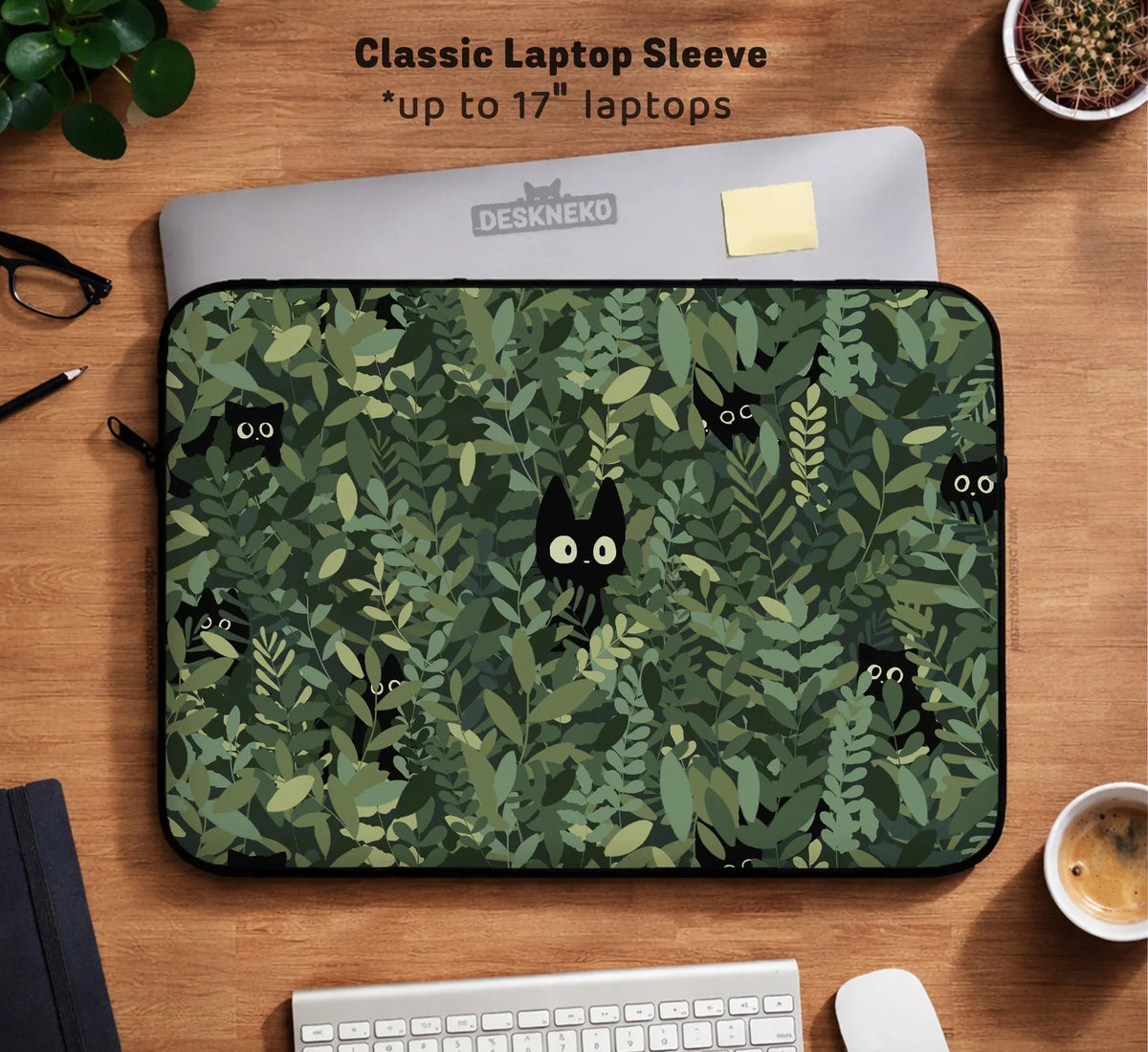 Botanical Cat Laptop Sleeve & Bag, Forest Green Aesthetic Case - Deskneko