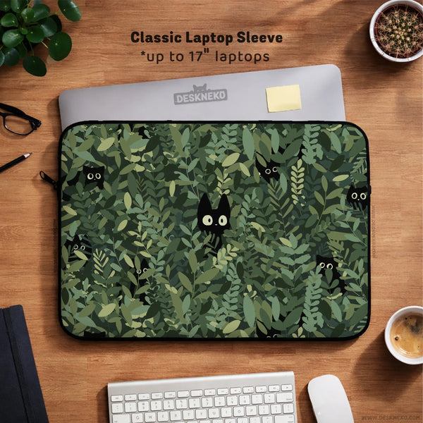 Botanical Cat Laptop Sleeve & Bag, Forest Green Aesthetic Case - Deskneko