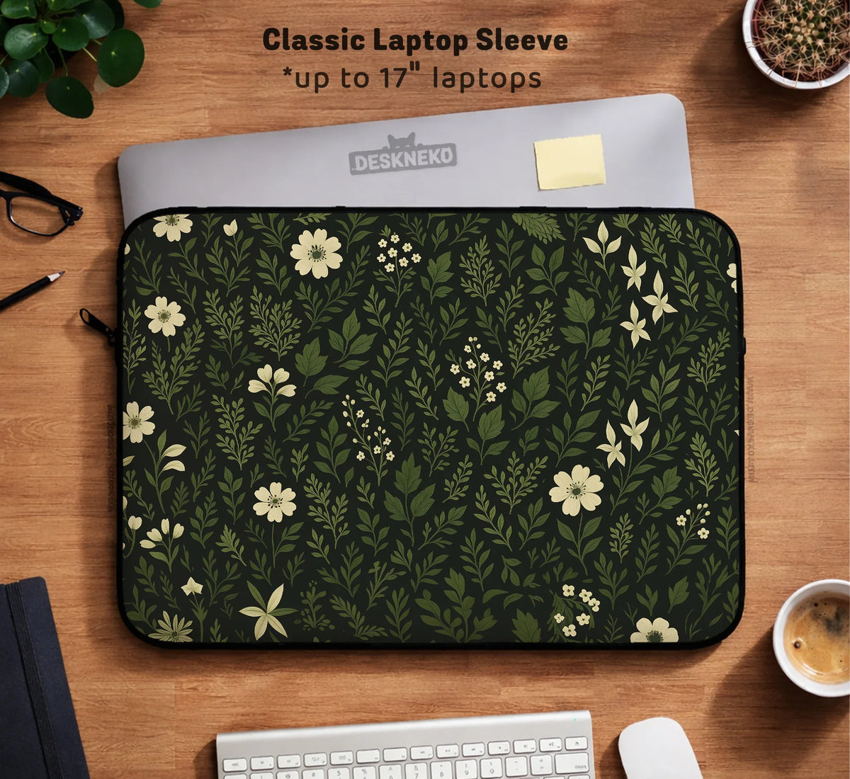 Dark Green Botanical Laptop Sleeve - Deskneko