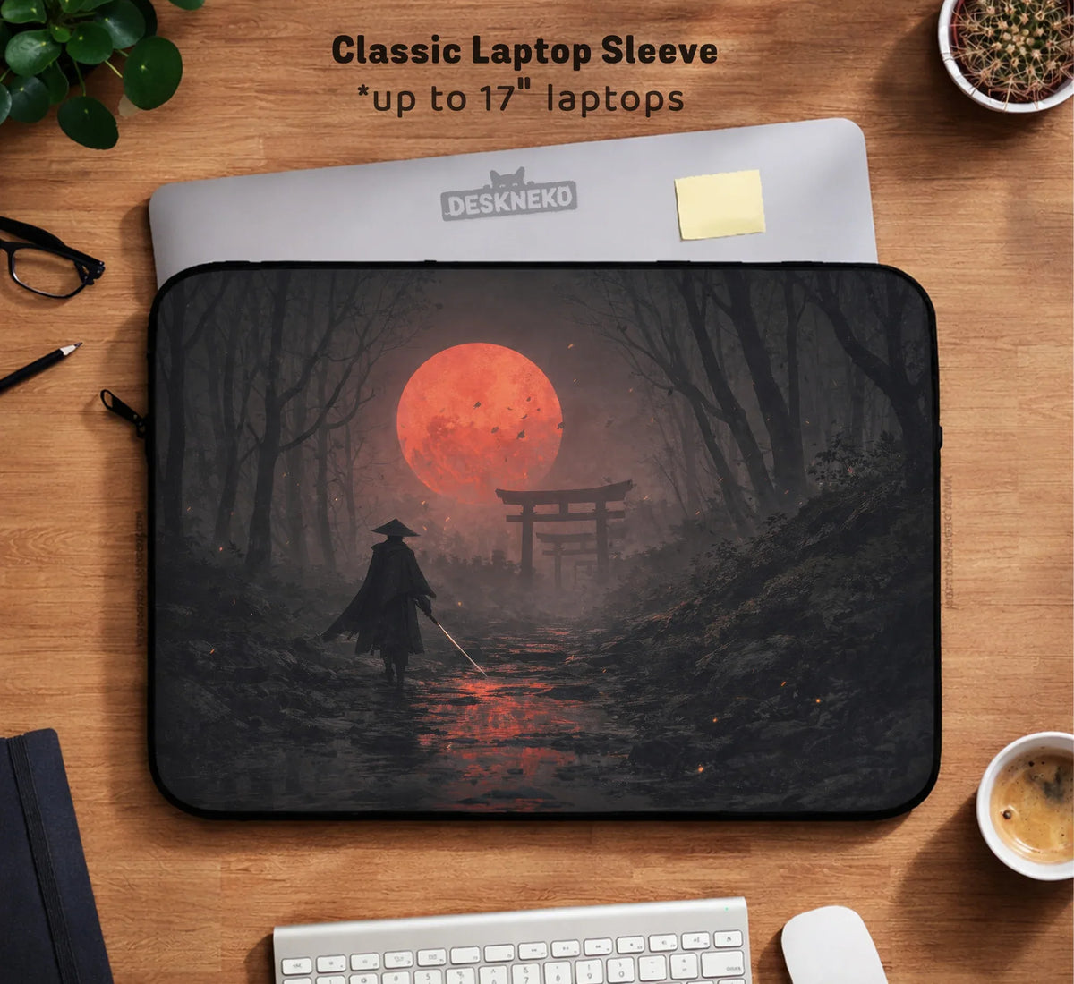 Samurai Red Moon Laptop Sleeve & Bag with Handle and Shoulder Strap - Deskneko