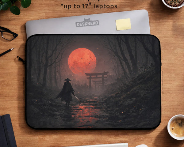 Samurai Red Moon Laptop Sleeve & Bag with Handle and Shoulder Strap - Deskneko