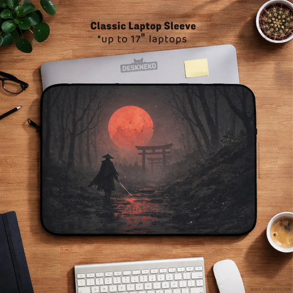 Samurai Red Moon Laptop Sleeve & Bag with Handle and Shoulder Strap - Deskneko