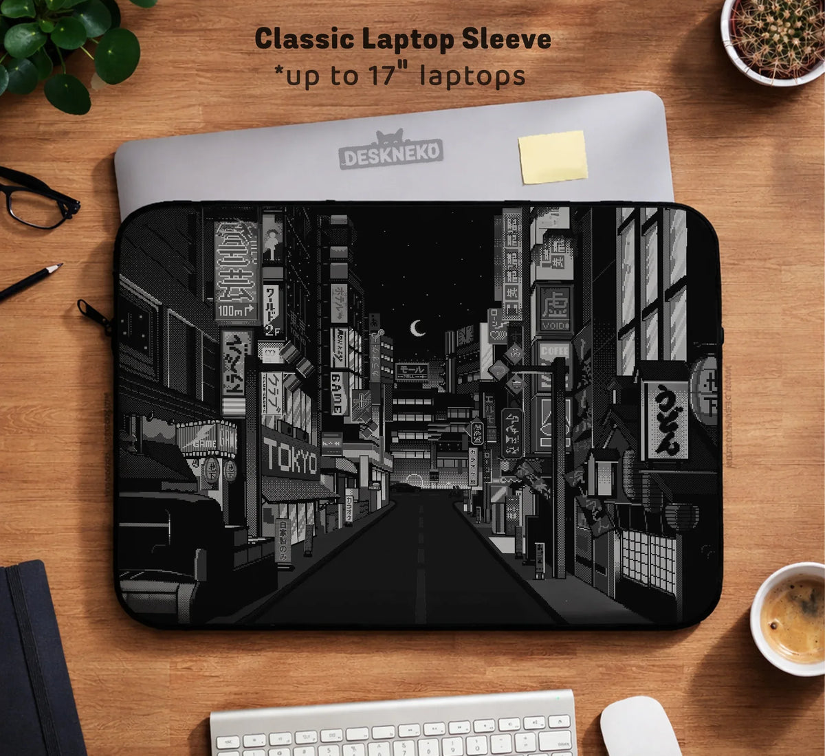 Tokyo Night Pixel Laptop Sleeve & Bag – Monochrome Cyberpunk Case - Deskneko