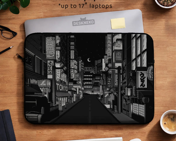 Tokyo Night Pixel Laptop Sleeve & Bag – Monochrome Cyberpunk Case - Deskneko