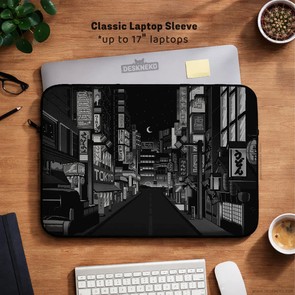 Tokyo Night Pixel Laptop Sleeve & Bag – Monochrome Cyberpunk Case - Deskneko