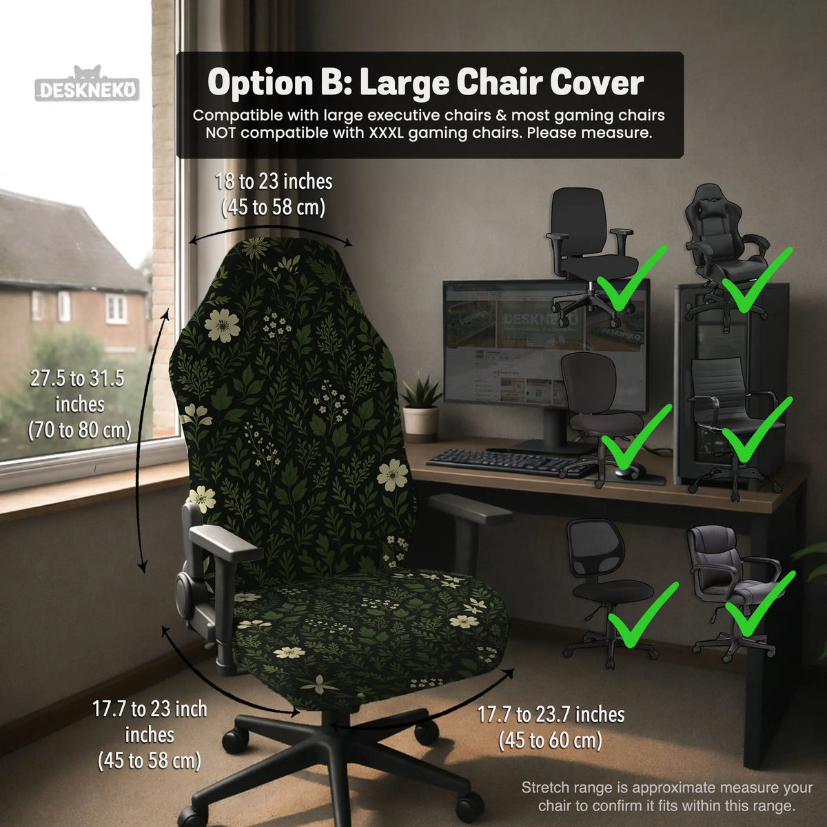 Botanical Office Chair Cover with Dark Green Floral Pattern - Deskneko