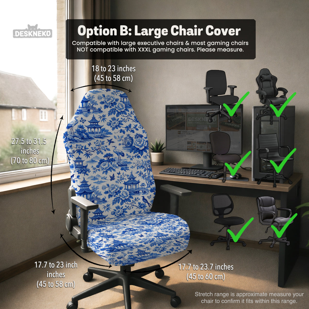 Blue Chinoiserie Desk Chair Cover - Chair Covers - Deskneko - Desk Chair Covers