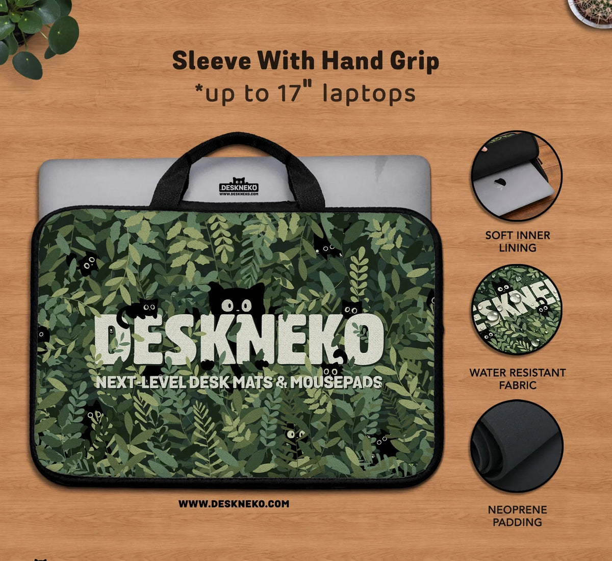 Botanical Cat Laptop Sleeve & Bag, Forest Green Aesthetic Case - Deskneko