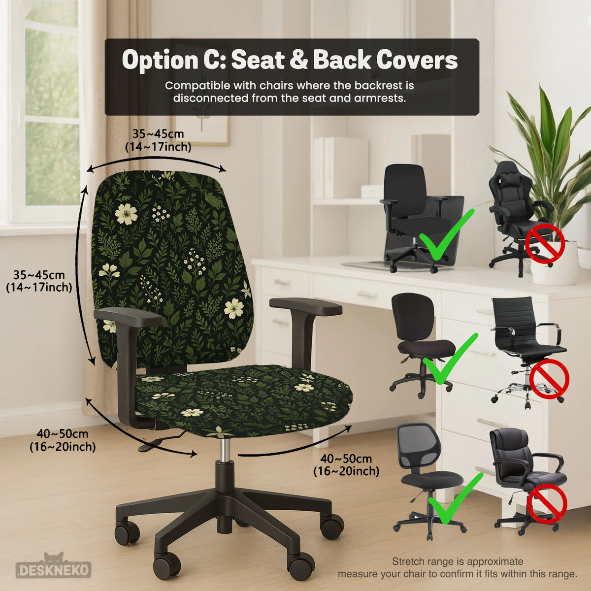Botanical Office Chair Cover with Dark Green Floral Pattern - Deskneko