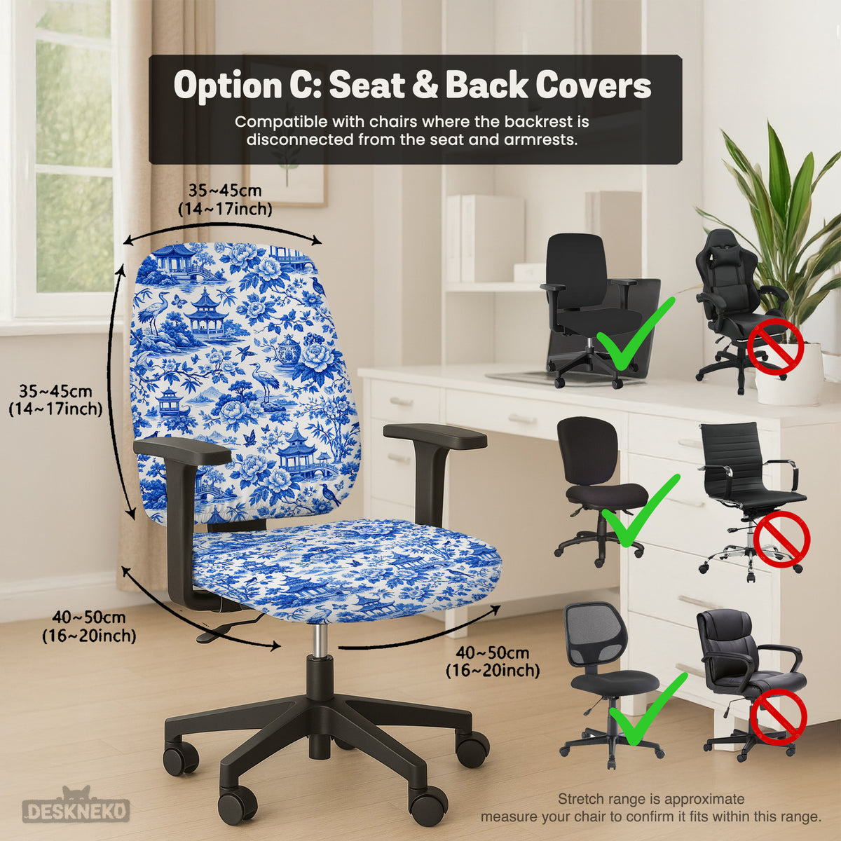 Blue Chinoiserie Desk Chair Cover - Chair Covers - Deskneko - Desk Chair Covers