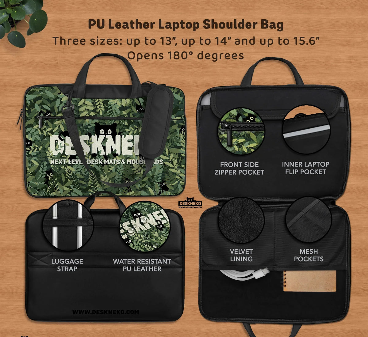 Botanical Cat Laptop Sleeve & Bag, Forest Green Aesthetic Case - Deskneko