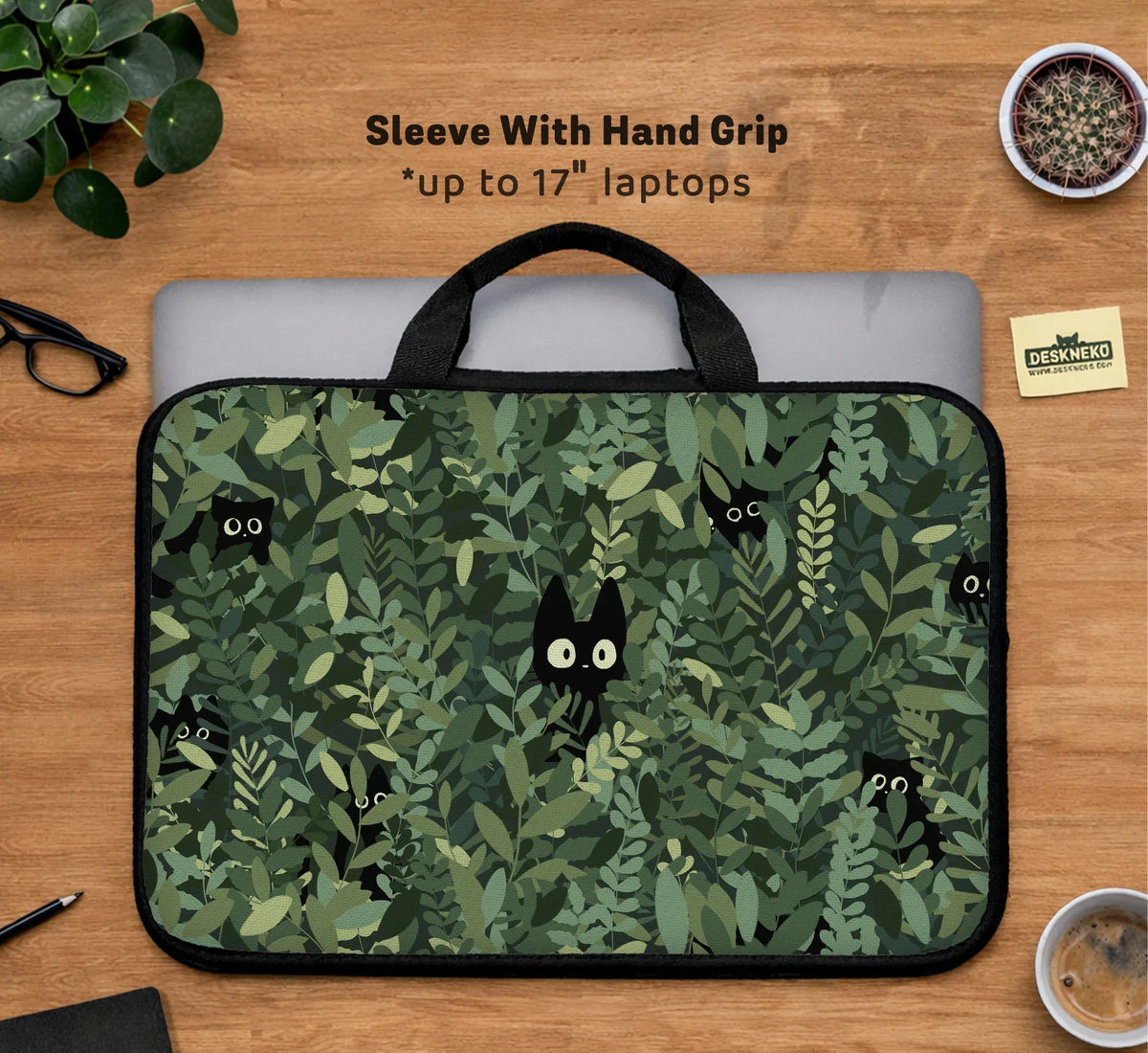 Botanical Cat Laptop Sleeve & Bag, Forest Green Aesthetic Case - Deskneko