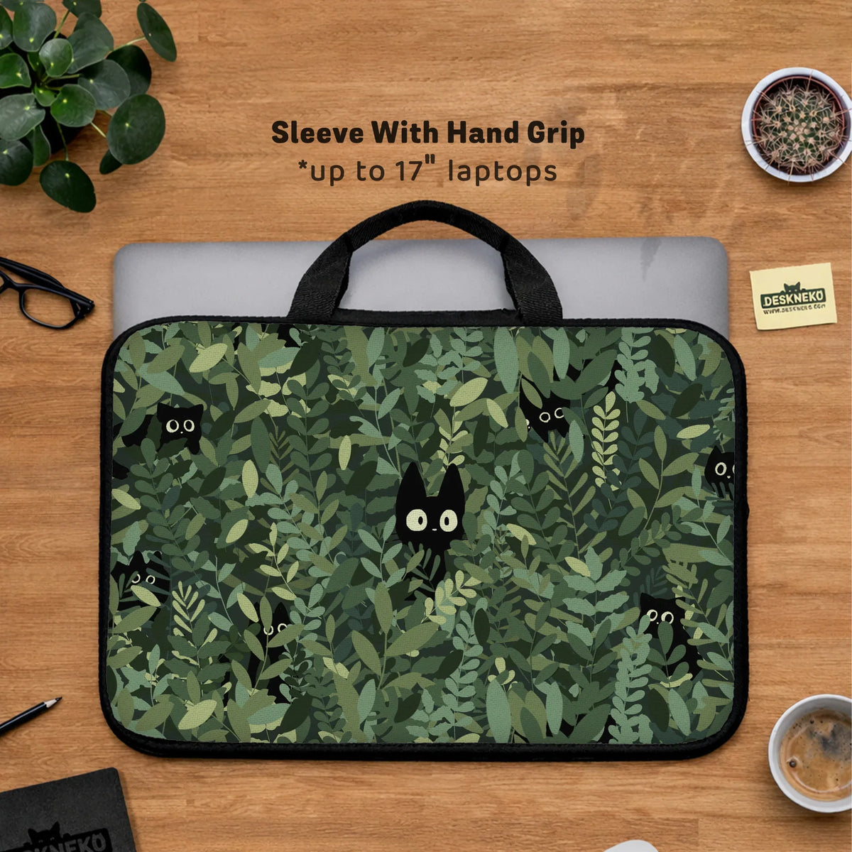 Botanical Cat Laptop Sleeve & Bag, Forest Green Aesthetic Case - Deskneko