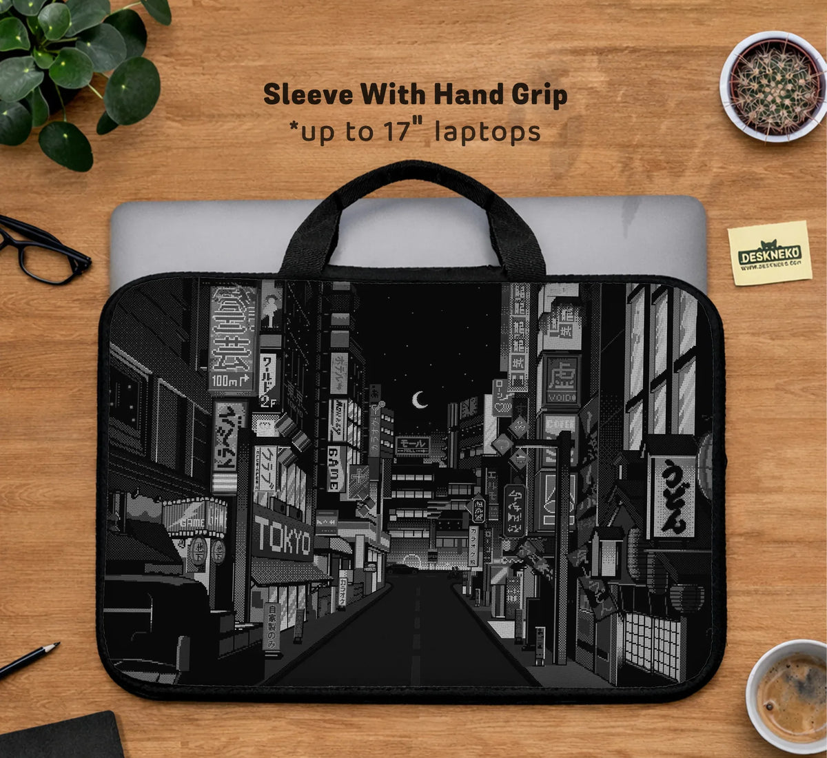 Tokyo Night Pixel Laptop Sleeve & Bag – Monochrome Cyberpunk Case - Deskneko