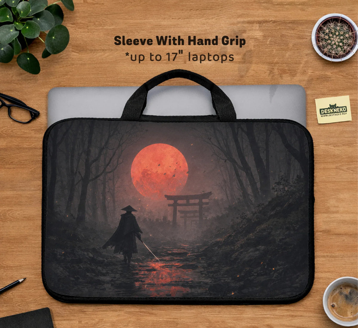 Samurai Red Moon Laptop Sleeve & Bag with Handle and Shoulder Strap - Deskneko
