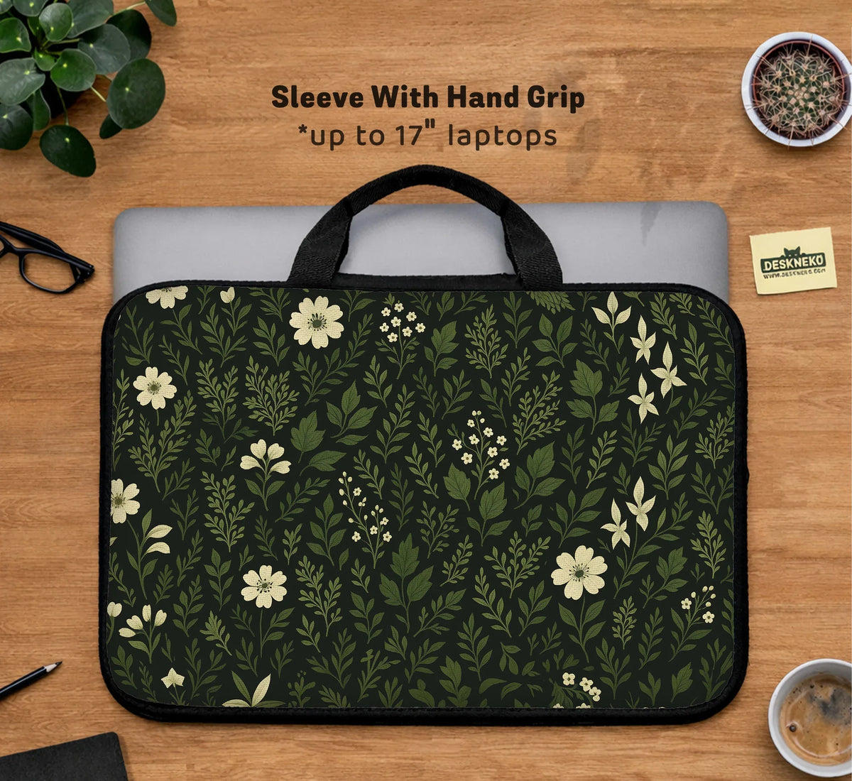 Botanical Laptop Sleeve & Bag with Dark Green Floral Pattern - Deskneko