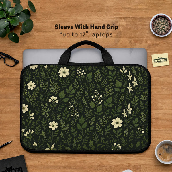 Botanical Laptop Sleeve & Bag with Dark Green Floral Pattern - Deskneko