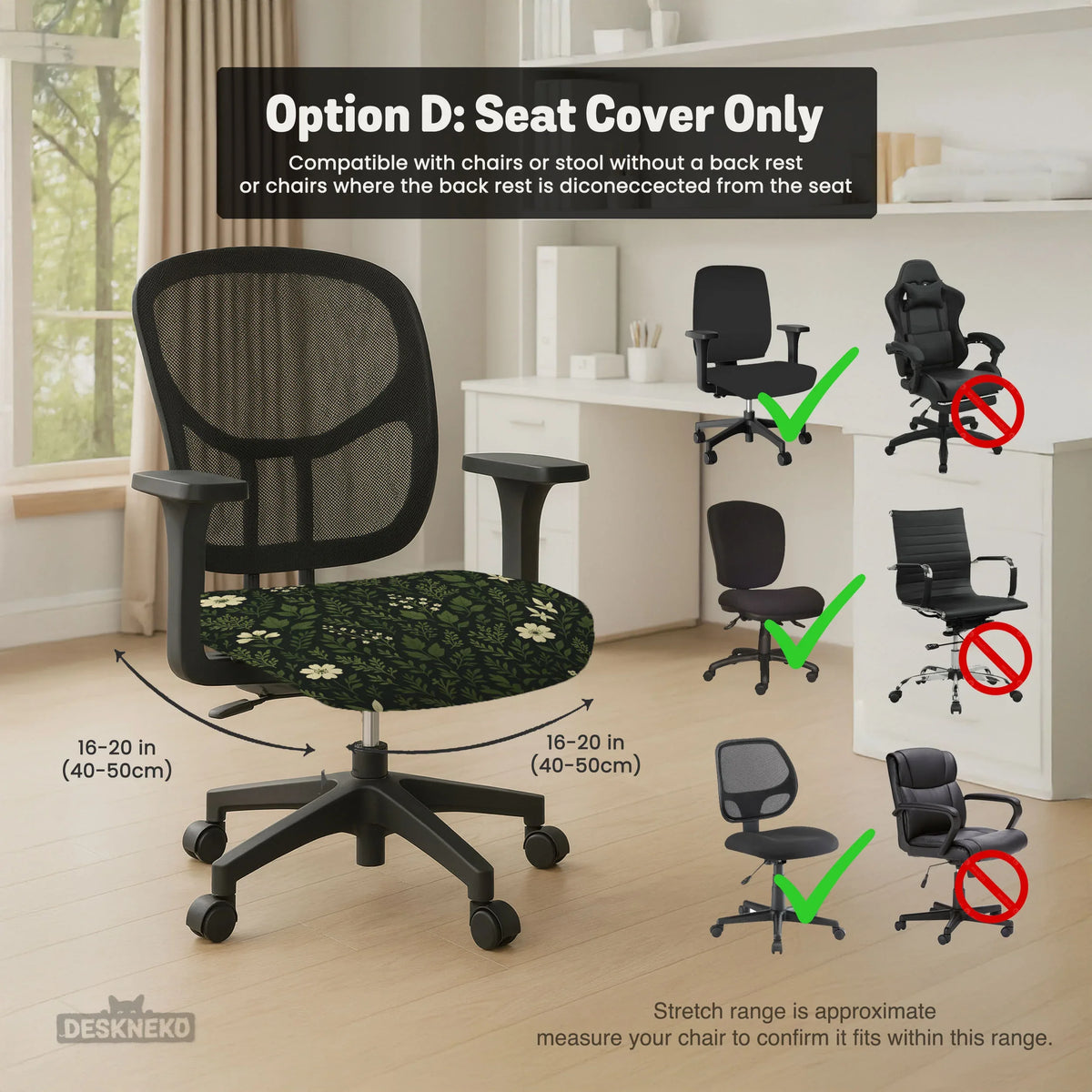 Botanical Office Chair Cover with Dark Green Floral Pattern - Deskneko
