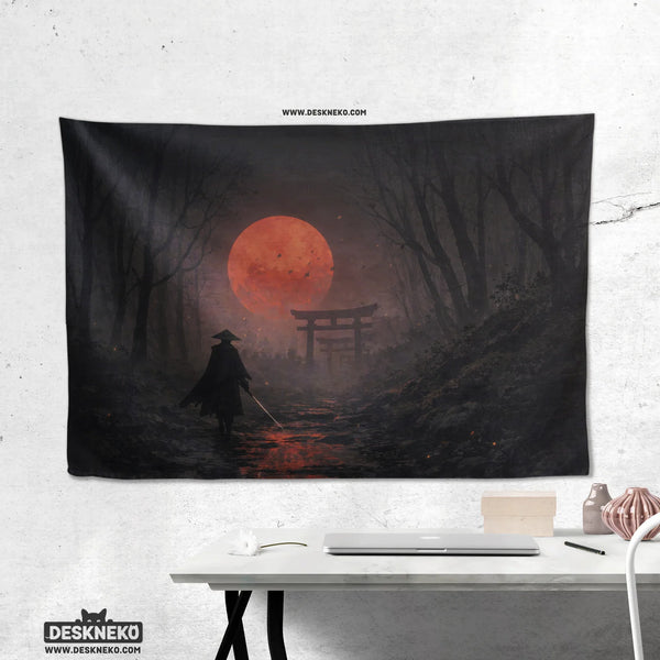 Samurai Red Moon Wall Tapestry Decor - Deskneko