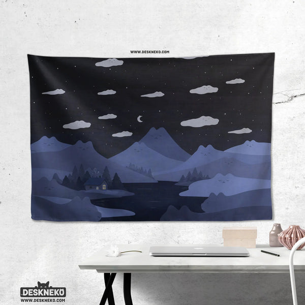 Navy Cat Hills Wall Tapestry Cozy Night Landscape - Deskneko