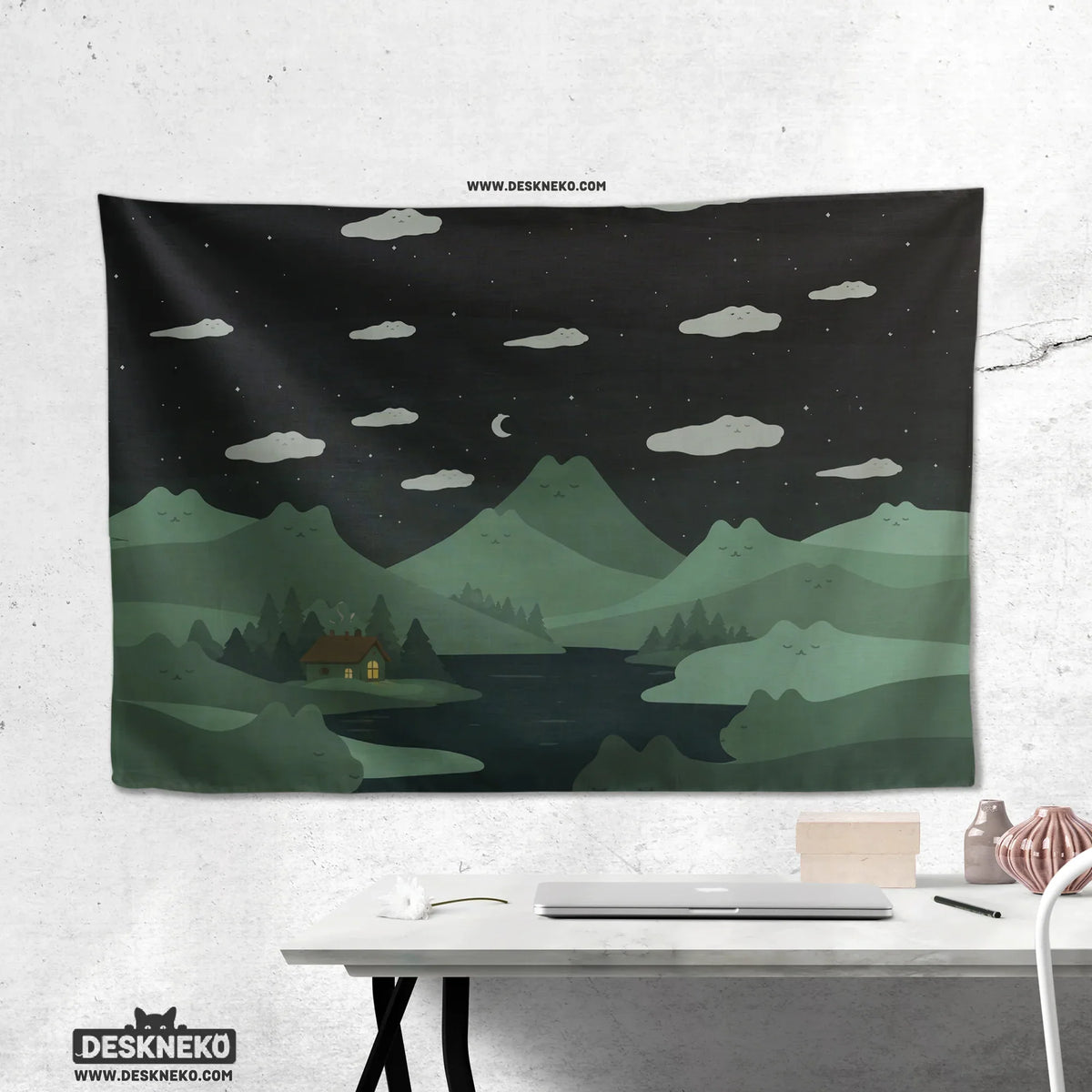 Green Cat Hills Wall Tapestry Cozy Night Landscape - Deskneko