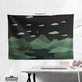 Green Cat Hills Wall Tapestry Cozy Night Landscape - Deskneko