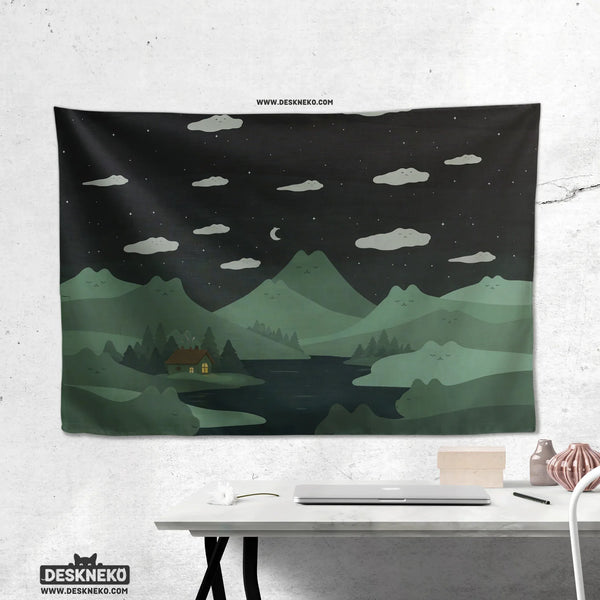 Green Cat Hills Wall Tapestry Cozy Night Landscape - Deskneko