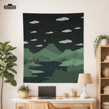 Green Cat Hills Wall Tapestry Cozy Night Landscape - Deskneko