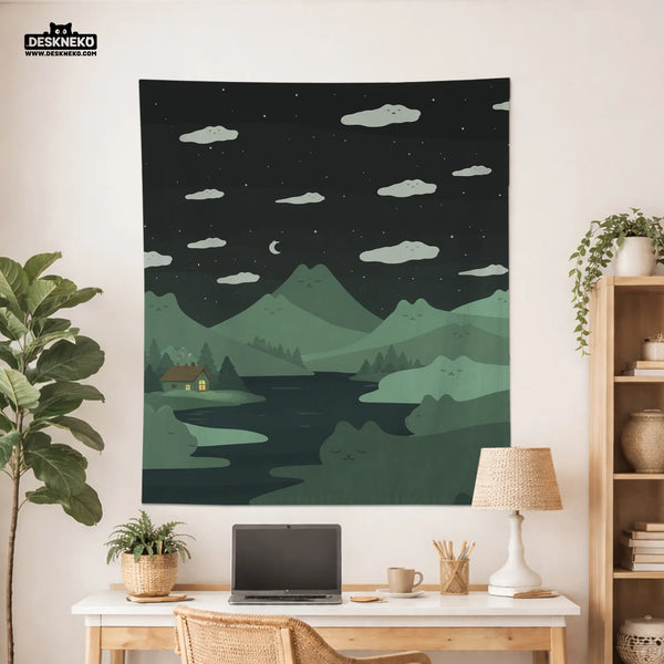 Green Cat Hills Wall Tapestry Cozy Night Landscape - Deskneko