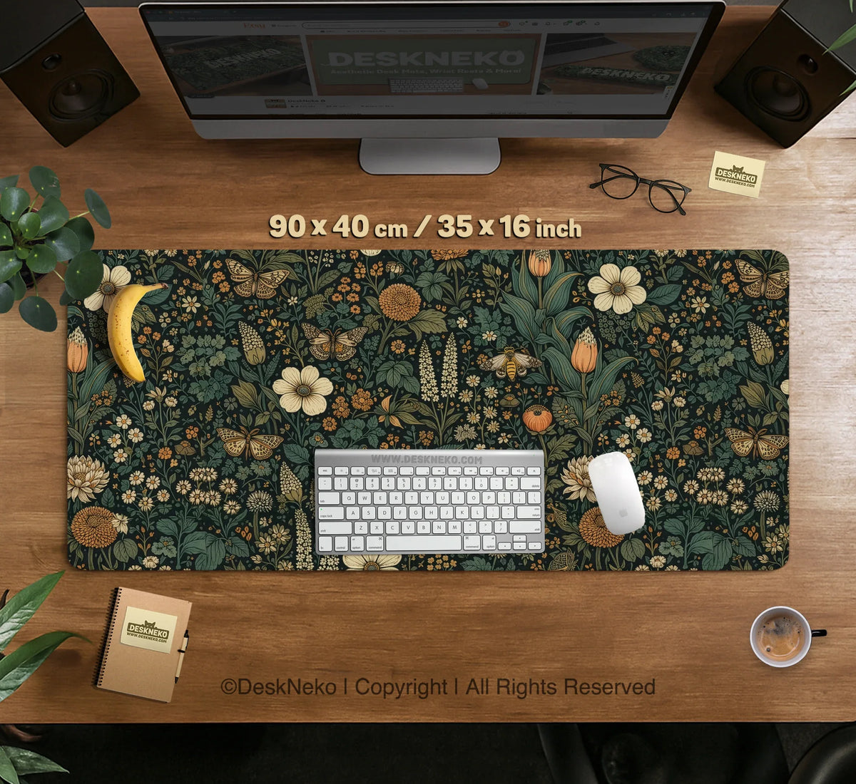 Dark Floral Cottagecore Desk Mat with Botanical Butterflies - Deskneko